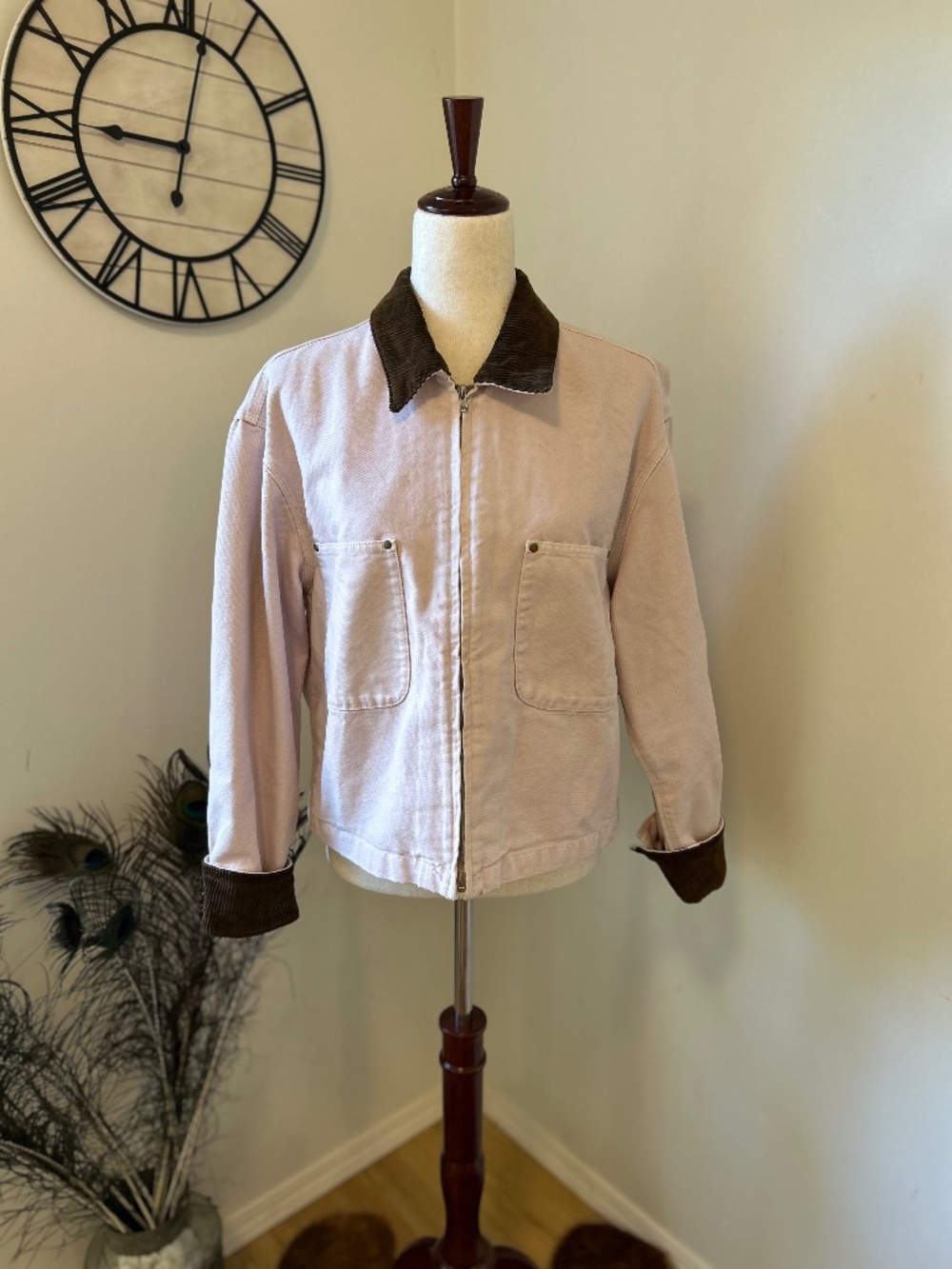 Urban Revivo Pink Canvas Barn Jacket Brown Corduroy Collar L